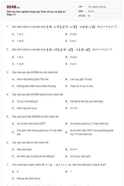 540 câu trắc nghiệm tổng hợp Toán rời rạc có đáp án - Phần 17
