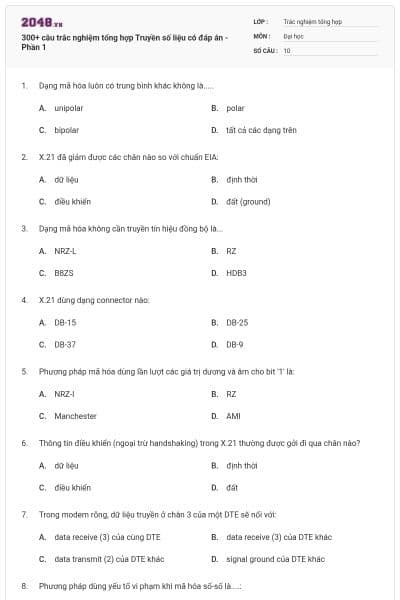 300+ câu trắc nghiệm tổng hợp Truyền số liệu có đáp án - Phần 1