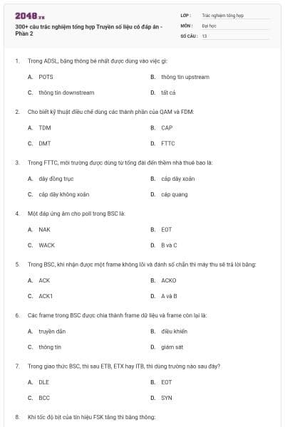300+ câu trắc nghiệm tổng hợp Truyền số liệu có đáp án - Phần 2