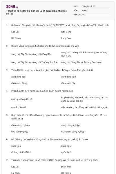 Tổng hợp 20 đề thi thử môn Địa Lý có đáp án mới nhất (đề số 12)
