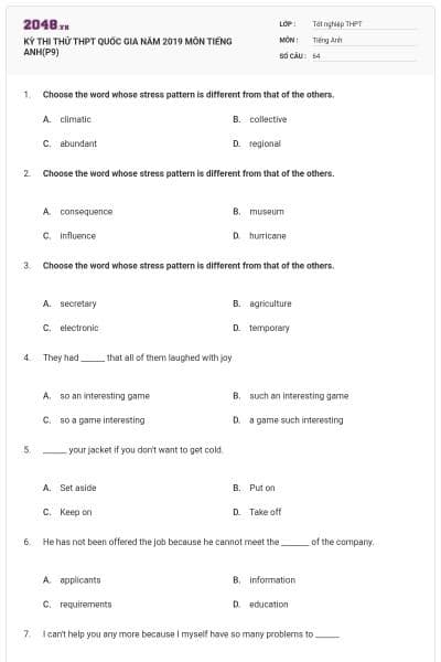 KỲ THI THỬ THPT QUỐC GIA NĂM 2019 MÔN TIẾNG ANH(P9)