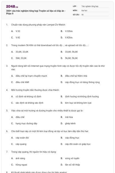 300+ câu trắc nghiệm tổng hợp Truyền số liệu có đáp án - Phần 9