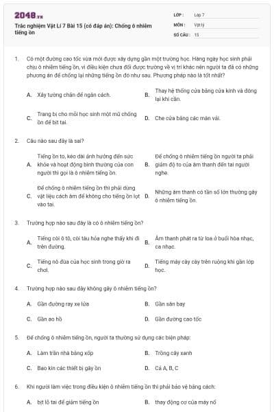 Trắc nghiệm Vật Lí 7 Bài 15 (có đáp án): Chống ô nhiễm tiếng ồn