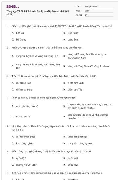 Tổng hợp 20 đề thi thử môn Địa Lý có đáp án mới nhất (đề số 12)