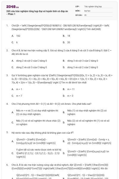 265 câu trắc nghiệm tổng hợp Đại số tuyến tính có đáp án - Phần 1