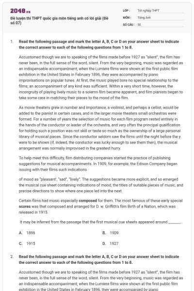 Đề luyện thi THPT quốc gia môn tiếng anh có lời giải (Đề số 07)