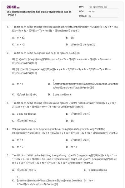 265 câu trắc nghiệm tổng hợp Đại số tuyến tính có đáp án - Phần 7