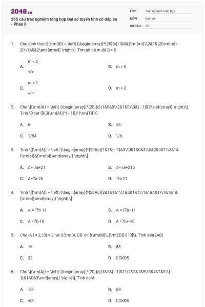 265 câu trắc nghiệm tổng hợp Đại số tuyến tính có đáp án - Phần 8