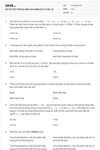 ĐỀ THI THỬ THPTQG NĂM 2019 MÔN VẬT LÝ (ĐỀ 15)