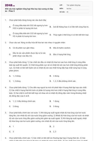 850 câu trắc nghiệm tổng hợp Hóa học đại cương có đáp án - Phần 5
