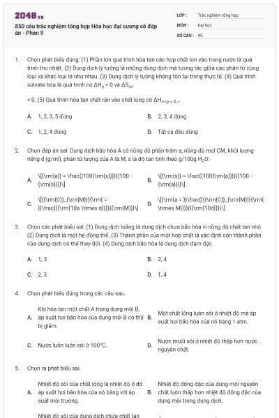 850 câu trắc nghiệm tổng hợp Hóa học đại cương có đáp án - Phần 9