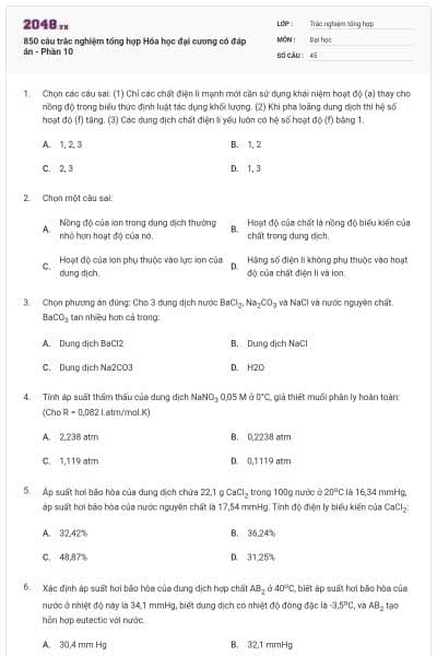 850 câu trắc nghiệm tổng hợp Hóa học đại cương có đáp án - Phần 10