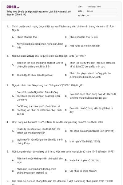 Tổng hợp 20 đề thi thpt quốc gia môn Lịch Sử Hay nhất có đáp án (Đề số 14)