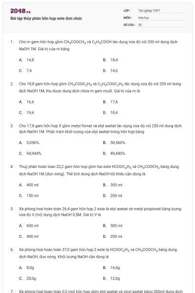 Bài tập thủy phân hỗn hợp este đơn chức