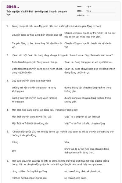 Trắc nghiệm Vật lí 8 Bài 1 (có đáp án): Chuyển động cơ học