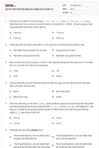 ĐỀ THI THỬ THPTQG NĂM 2019 MÔN VẬT LÝ (ĐỀ 15)