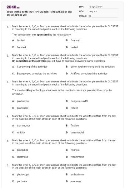 30 đề thi thử đề thi thử THPTQG môn Tiếng Anh có lời giải chi tiết (Đề số 25)