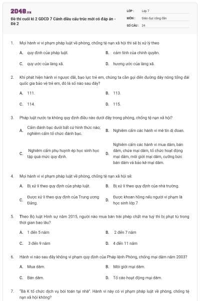 Đề thi cuối kì 2 GDCD 7 Cánh diều cấu trúc mới có đáp án - Đề 2