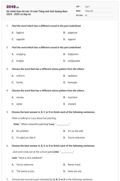 Đề chính thức thi vào 10 môn Tiếng Anh tỉnh Quảng Nam 2024 - 2025 có đáp án