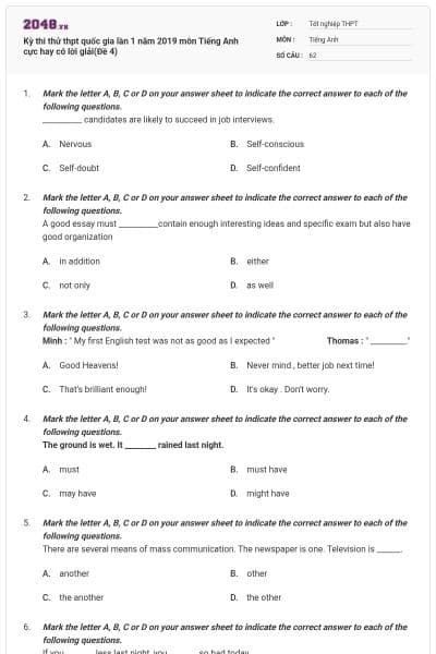 Kỳ thi thử thpt quốc gia lần 1 năm 2019 môn Tiếng Anh cực hay có lời giải(Đề 4)