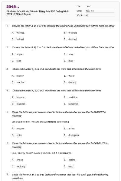 Đề chính thức thi vào 10 môn Tiếng Anh SGD Quảng Ninh 2024 - 2025 có đáp án