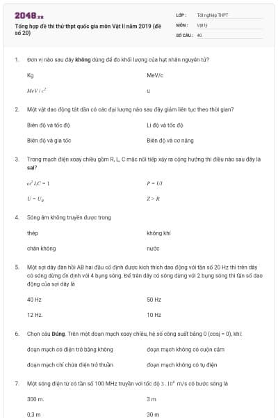 Tổng hợp đề thi thử thpt quốc gia môn Vật lí năm 2019 (đề số 20)