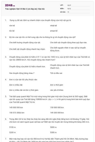 Trắc nghiệm Vật lí 8 Bài 2 (có đáp án): Vận tốc