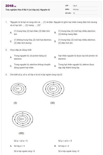 Trắc nghiệm Hóa 8 Bài 4 (có đáp án): Nguyên tử