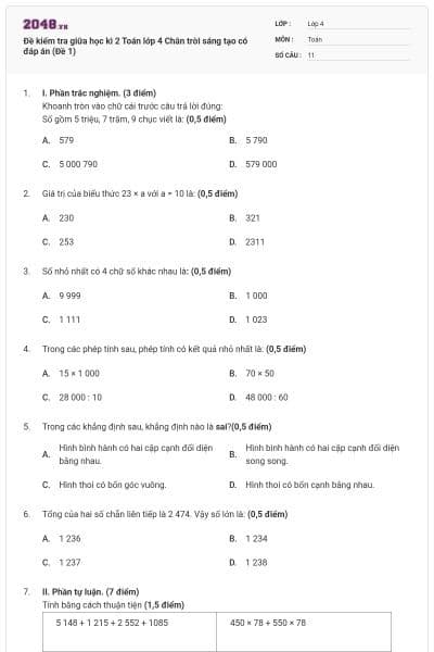 Đề kiểm tra giữa học kì 2 Toán lớp 4 Chân trời sáng tạo có đáp án (Đề 1)