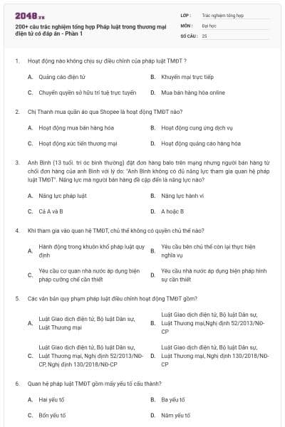 200+ câu trắc nghiệm tổng hợp Pháp luật trong thương mại điện tử có đáp án - Phần 1