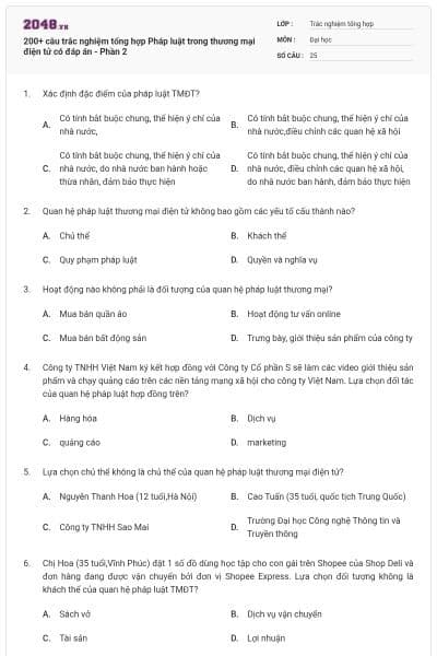 200+ câu trắc nghiệm tổng hợp Pháp luật trong thương mại điện tử có đáp án - Phần 2