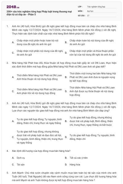 200+ câu trắc nghiệm tổng hợp Pháp luật trong thương mại điện tử có đáp án - Phần 5