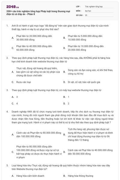 200+ câu trắc nghiệm tổng hợp Pháp luật trong thương mại điện tử có đáp án - Phần 8