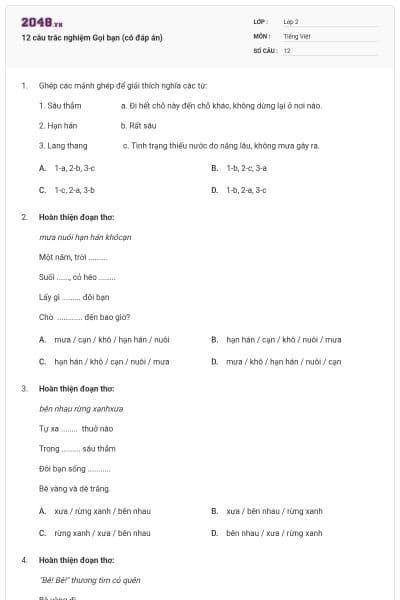 12 câu trắc nghiệm Gọi bạn (có đáp án)