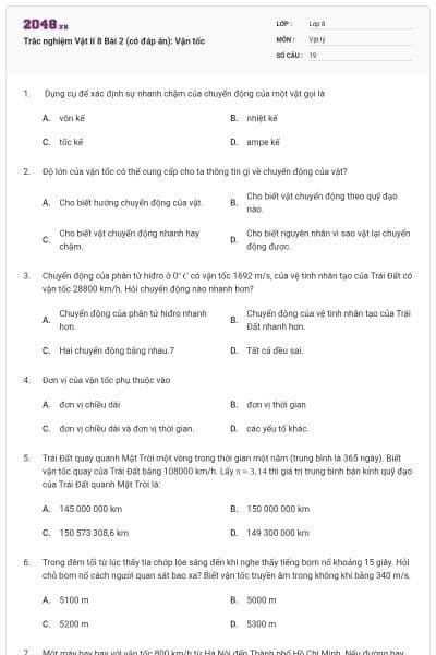 Trắc nghiệm Vật lí 8 Bài 2 (có đáp án): Vận tốc