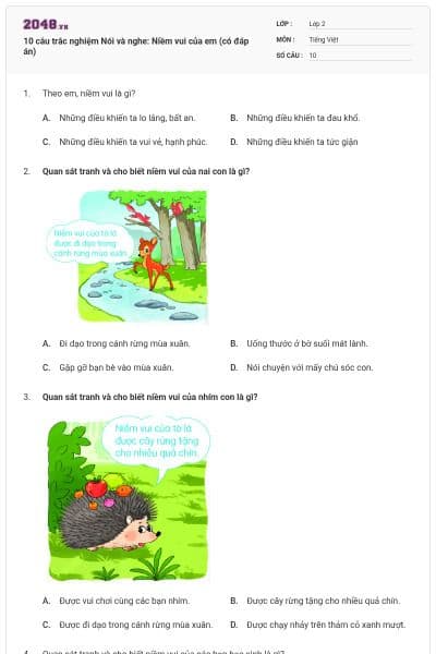 10 câu trắc nghiệm Nói và nghe: Niềm vui của em (có đáp án)