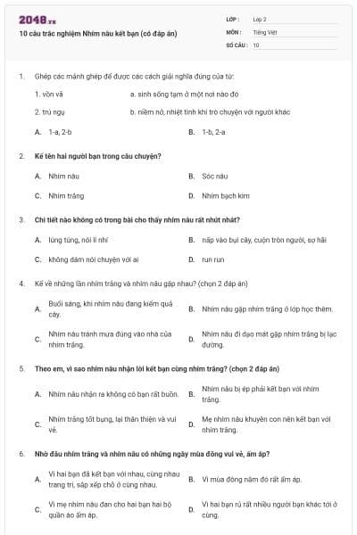 10 câu trắc nghiệm Nhím nâu kết bạn (có đáp án)