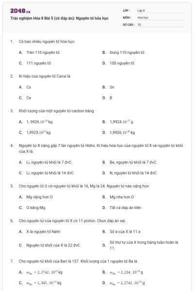 Trắc nghiệm Hóa 8 Bài 5 (có đáp án): Nguyên tố hóa học