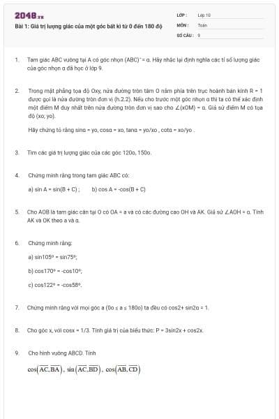 Bài 1: Giá trị lượng giác của một góc bất kì từ 0 đến 180 độ