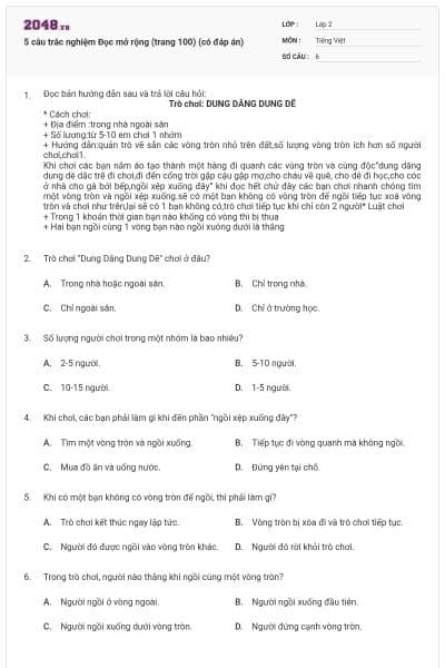 5 câu trắc nghiệm Đọc mở rộng (trang 100) (có đáp án)