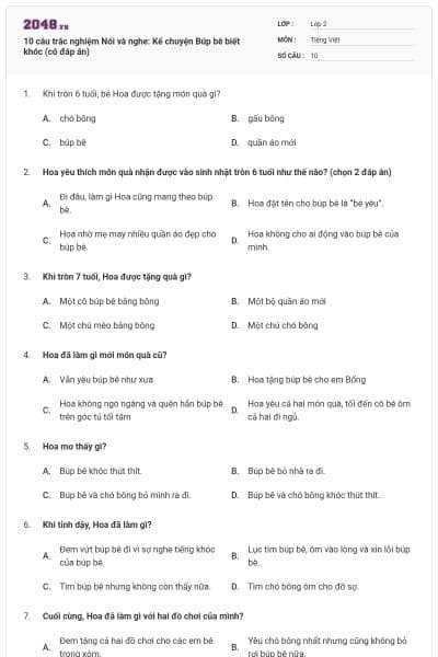 10 câu trắc nghiệm Nói và nghe: Kể chuyện Búp bê biết khóc (có đáp án)