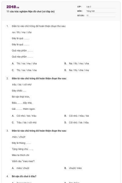 11 câu trắc nghiệm Nặn đồ chơi (có đáp án)