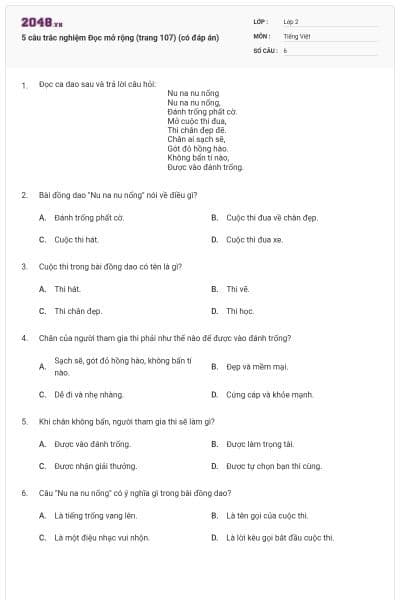 5 câu trắc nghiệm Đọc mở rộng (trang 107) (có đáp án)