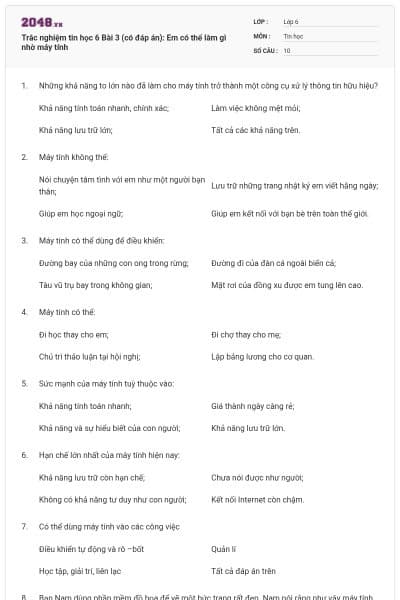 Trắc nghiệm tin học 6 Bài 3 (có đáp án): Em có thể làm gì nhờ máy tính