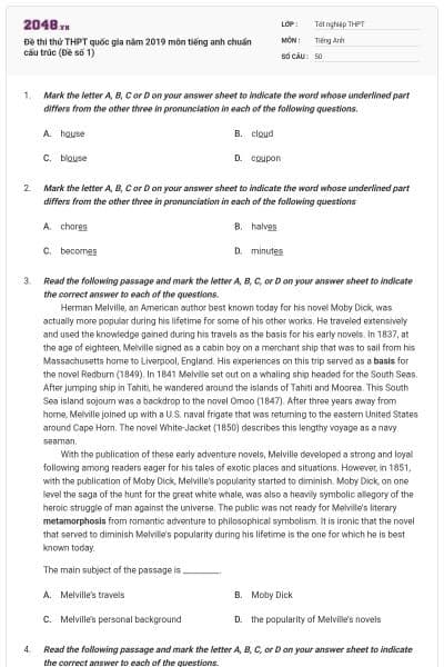 Đề thi thử THPT quốc gia năm 2019 môn tiếng anh chuẩn cấu trúc (Đề số 1)