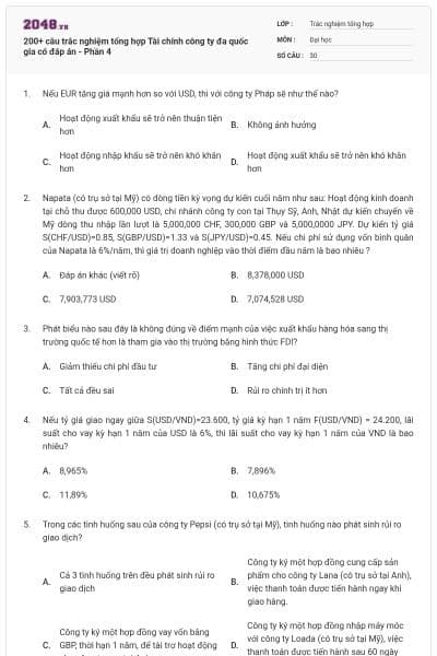 200+ câu trắc nghiệm tổng hợp Tài chính công ty đa quốc gia có đáp án - Phần 4