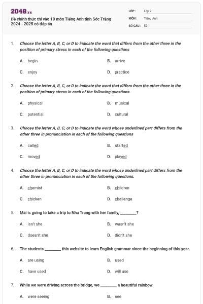 Đề chính thức thi vào 10 môn Tiếng Anh tỉnh Sóc Trăng 2024 - 2025 có đáp án
