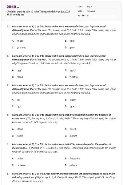 Đề chính thức thi vào 10 môn Tiếng Anh tỉnh Sơn La 2024 - 2025 có đáp án