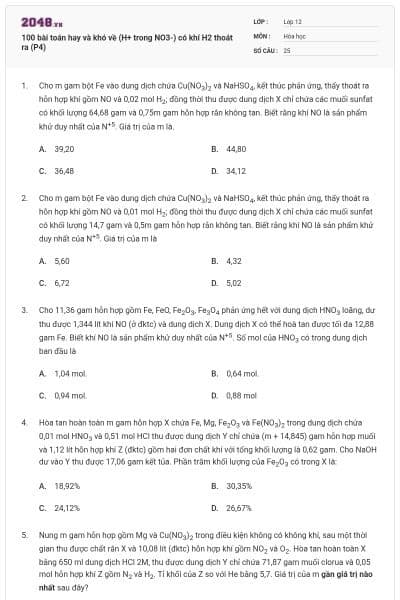 100 bài toán hay và khó về (H+ trong NO3-) có khí H2 thoát ra (P4)