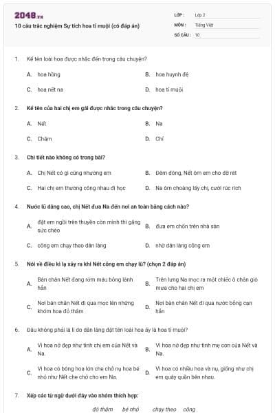 10 câu trắc nghiệm Sự tích hoa tỉ muội (có đáp án)